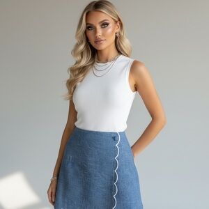 J Crew Preppy Chambray scalloped edge faux wrap mini skirt